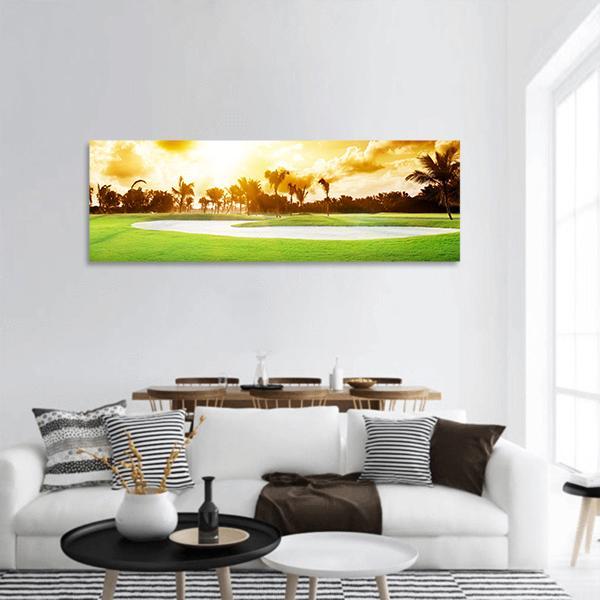 Sunset On Golf Field Panoramic Canvas Wall Art-3 Piece-25" x 08"-Tiaracle
