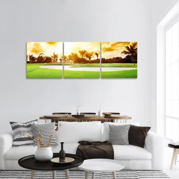 Sunset On Golf Field Panoramic Canvas Wall Art-3 Piece-25" x 08"-Tiaracle