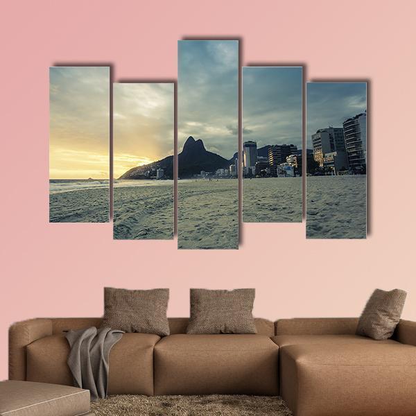 Sunset On Ipanema Beach In Rio de Janeiro Brazil Canvas Wall Art-5 Pop-Gallery Wrap-47" x 32"-Tiaracle