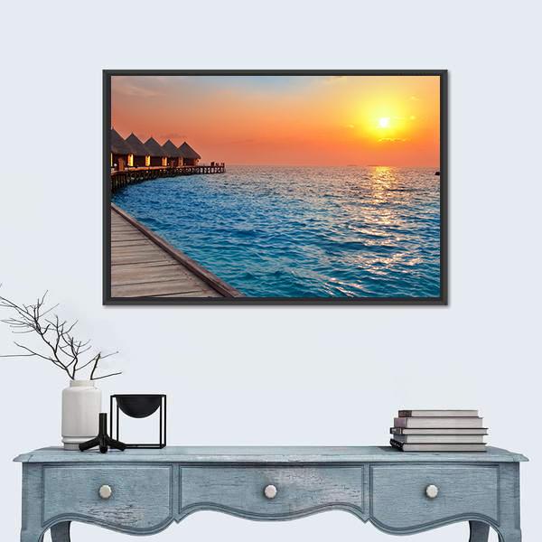 Sunset On Island In Ocean Canvas Wall Art-1 Piece-Floating Frame-24" x 16"-Tiaracle