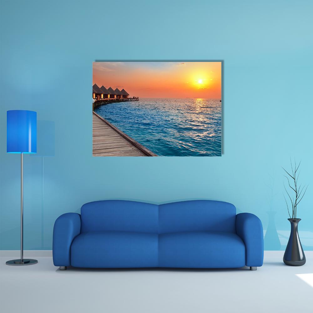 Sunset On Island In Ocean Canvas Wall Art-1 Piece-Gallery Wrap-48" x 32"-Tiaracle