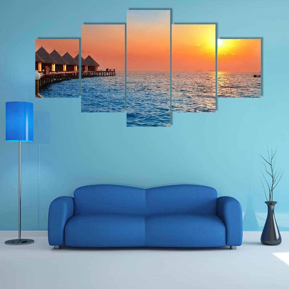 Sunset On Island In Ocean Canvas Wall Art-5 Star-Gallery Wrap-62" x 32"-Tiaracle
