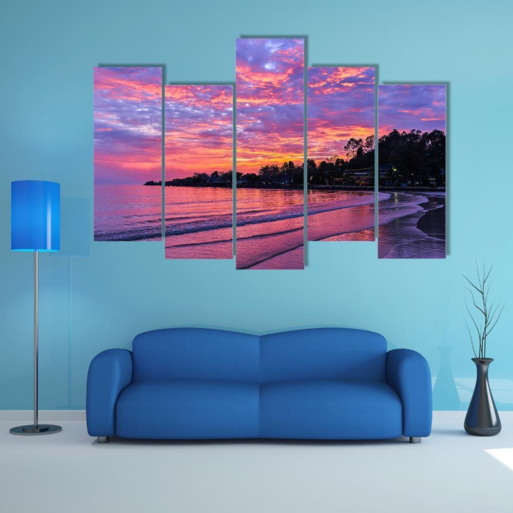 Sunset On Koh Chang Island Canvas Wall Art-5 Pop-Gallery Wrap-47" x 32"-Tiaracle