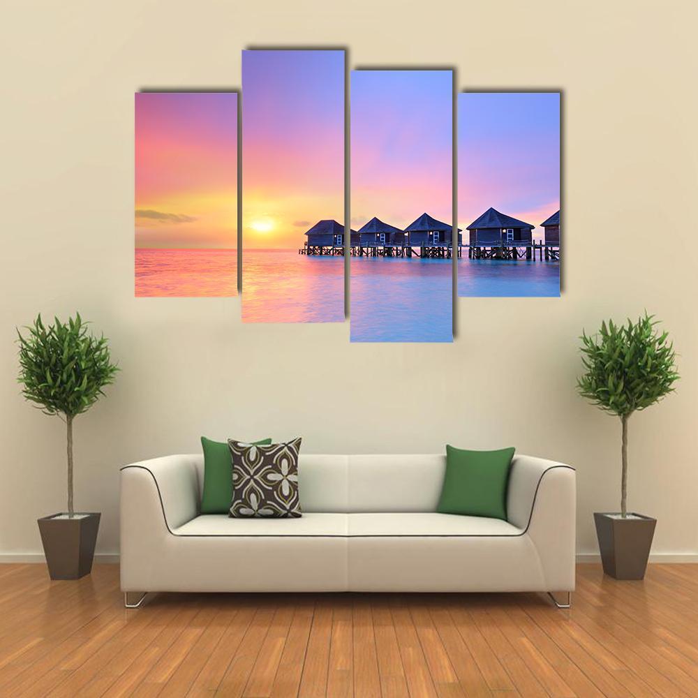 Sunset On Maldives Island Canvas Wall Art-4 Pop-Gallery Wrap-50" x 32"-Tiaracle