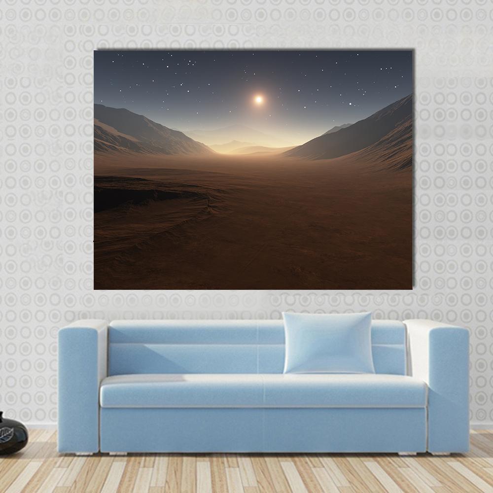 Sunset on Mars Canvas Wall Art in gray, brown and orange, single panel hung on a wall