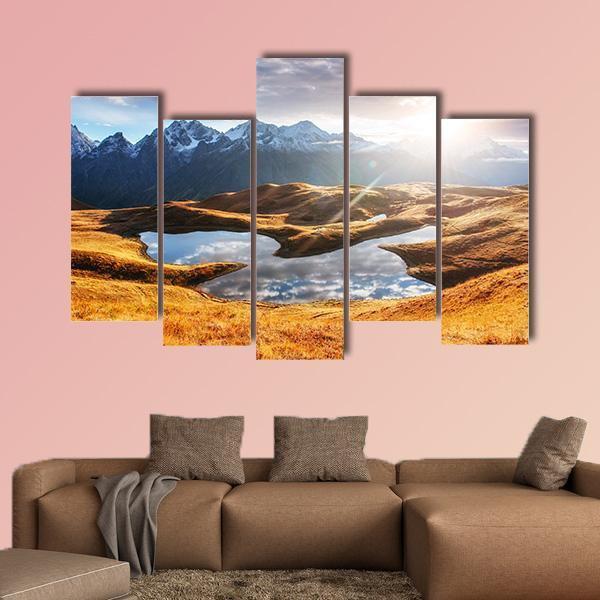 Sunset On Mountain Lake Koruldi Canvas Wall Art-5 Pop-Gallery Wrap-47" x 32"-Tiaracle