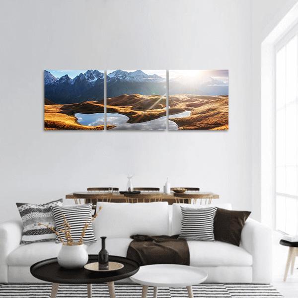 Sunset On Mountain Lake Koruldi Panoramic Canvas Wall Art-3 Piece-25" x 08"-Tiaracle