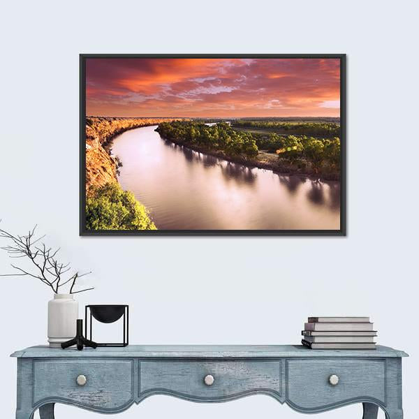 Sunset on Murray River Canvas Wall Art in brown, orange and pink, framed canvas, product view on a white background