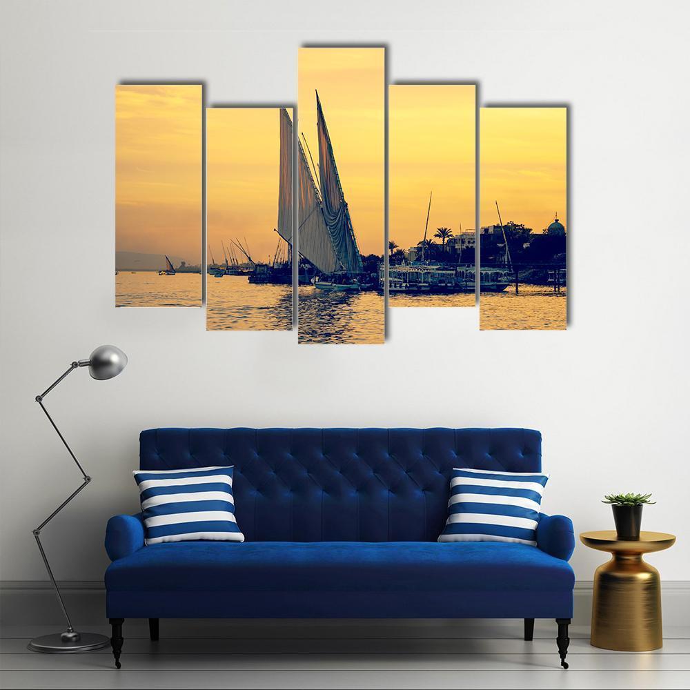 Sunset On Nile River Canvas Wall Art-5 Pop-Gallery Wrap-47" x 32"-Tiaracle