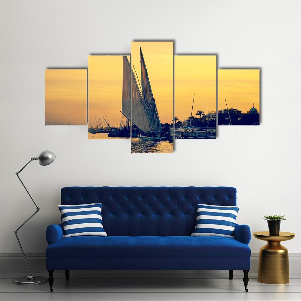 Sunset On Nile River Canvas Wall Art-5 Star-Gallery Wrap-62" x 32"-Tiaracle
