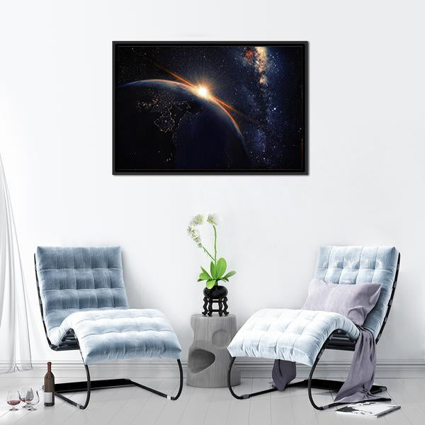 Sunset On Planet Earth At Night Canvas Wall Art-1 Piece-Floating Frame-24&quot; x 16&quot;-Tiaracle