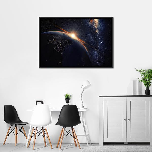 Sunset On Planet Earth At Night Canvas Wall Art-3 Horizontal-Gallery Wrap-25&quot; x 16&quot;-Tiaracle