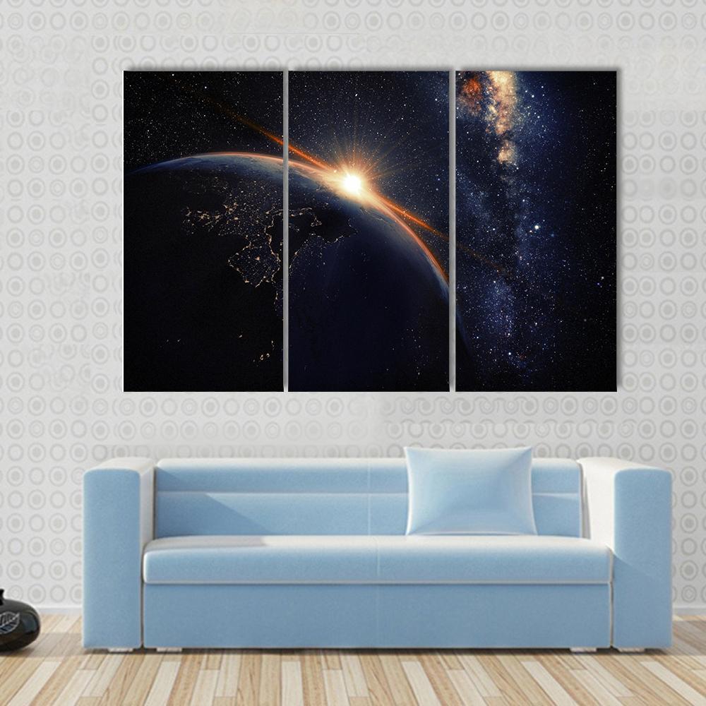 Sunset On Planet Earth At Night Canvas Wall Art-3 Horizontal-Gallery Wrap-37&quot; x 24&quot;-Tiaracle