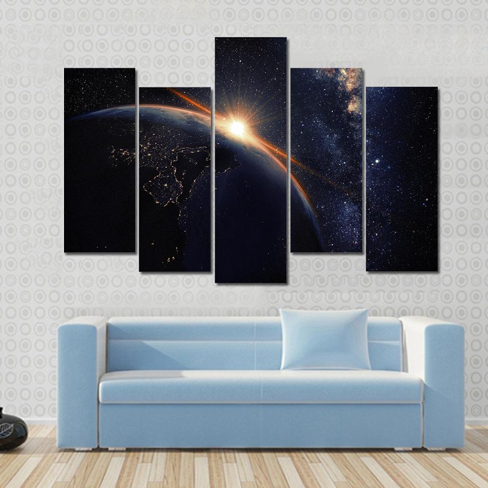 Sunset On Planet Earth At Night Canvas Wall Art-5 Pop-Gallery Wrap-47&quot; x 32&quot;-Tiaracle