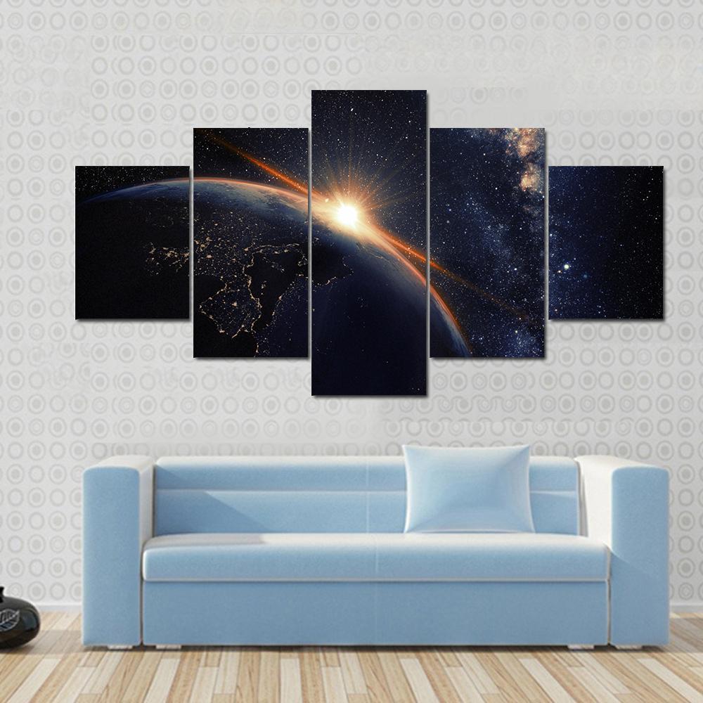 Sunset On Planet Earth At Night Canvas Wall Art-5 Star-Gallery Wrap-62&quot; x 32&quot;-Tiaracle