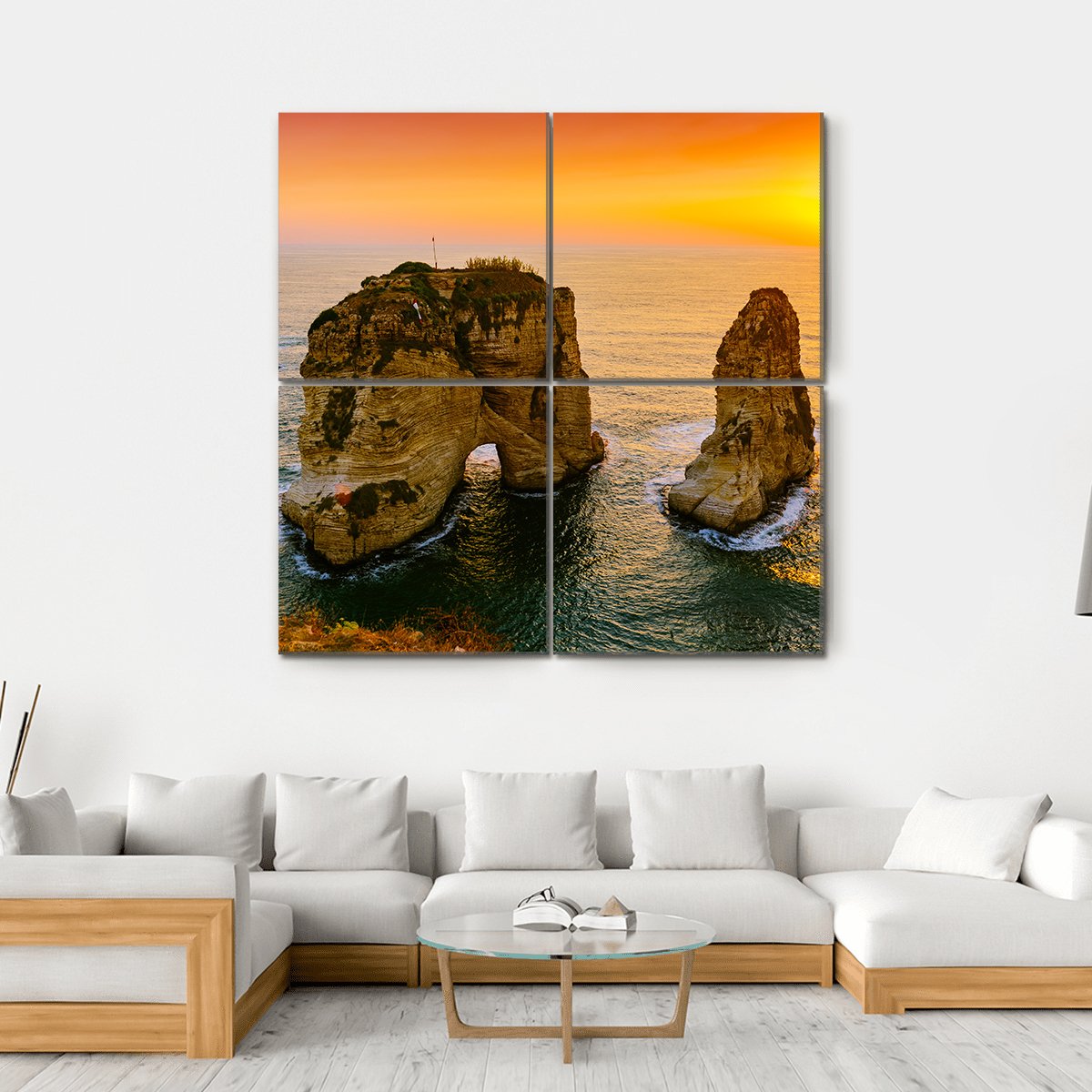Sunset On Raouche Pigeons Rock Canvas Wall Art-4 Square-Gallery Wrap-17" x 17"-Tiaracle