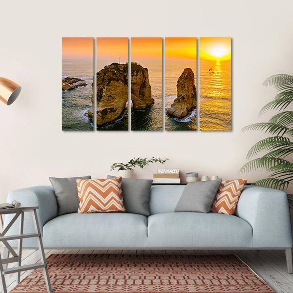 Sunset On Raouche Pigeons Rock Canvas Wall Art-5 Horizontal-Gallery Wrap-22" x 12"-Tiaracle