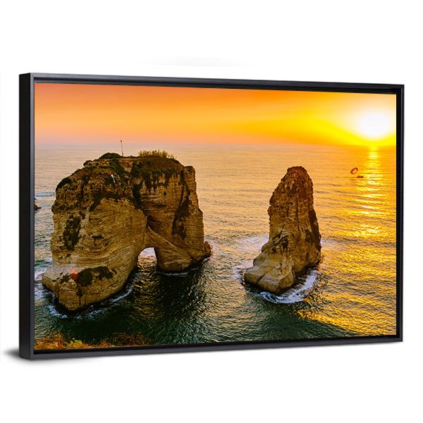 Sunset On Raouche Pigeons Rock Canvas Wall Art-3 Horizontal-Gallery Wrap-25&quot; x 16&quot;-Tiaracle