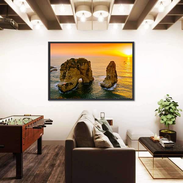 Sunset On Raouche Pigeons Rock Canvas Wall Art-3 Horizontal-Gallery Wrap-25&quot; x 16&quot;-Tiaracle