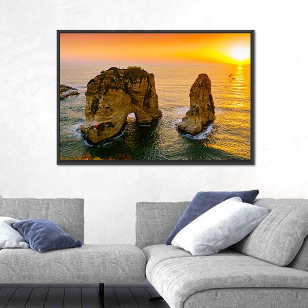 Sunset On Raouche Pigeons Rock Canvas Wall Art-3 Horizontal-Gallery Wrap-25&quot; x 16&quot;-Tiaracle