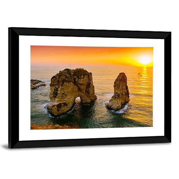 Sunset On Raouche Pigeons Rock Canvas Wall Art-3 Horizontal-Gallery Wrap-25" x 16"-Tiaracle