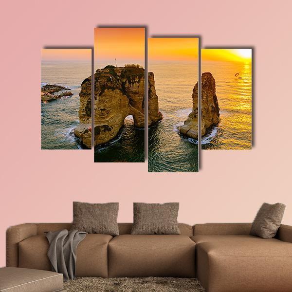 Sunset On Raouche Pigeons Rock Canvas Wall Art-4 Pop-Gallery Wrap-50&quot; x 32&quot;-Tiaracle