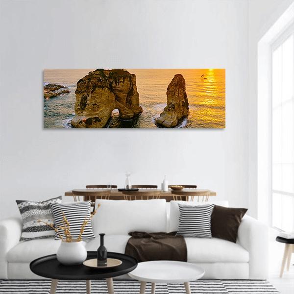 Sunset On Raouche Pigeons Rock Panoramic Canvas Wall Art-3 Piece-25" x 08"-Tiaracle