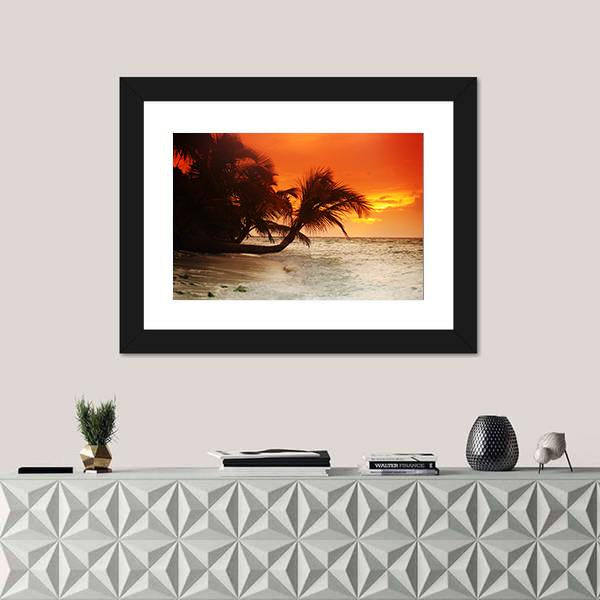 Sunset On Sea Beach Canvas Wall Art-1 Piece-Framed Print-20" x 16"-Tiaracle