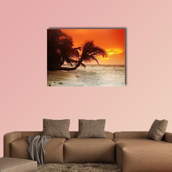 Sunset On Sea Beach Canvas Wall Art-1 Piece-Gallery Wrap-48" x 32"-Tiaracle