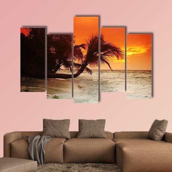 Sunset On Sea Beach Canvas Wall Art-5 Pop-Gallery Wrap-47" x 32"-Tiaracle