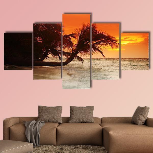 Sunset On Sea Beach Canvas Wall Art-1 Piece-Gallery Wrap-48" x 32"-Tiaracle