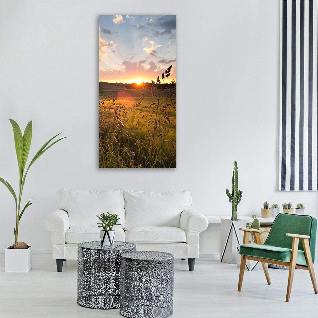 Sunset On Summer Green Fields Vertical Canvas Wall Art-1 Vertical-Gallery Wrap-12" x 24"-Tiaracle