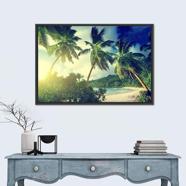 Sunset on the Beach Takamaka Mahe Island Canvas Wall Art in yellow, green and blue, framed canvas, product view on a white background
