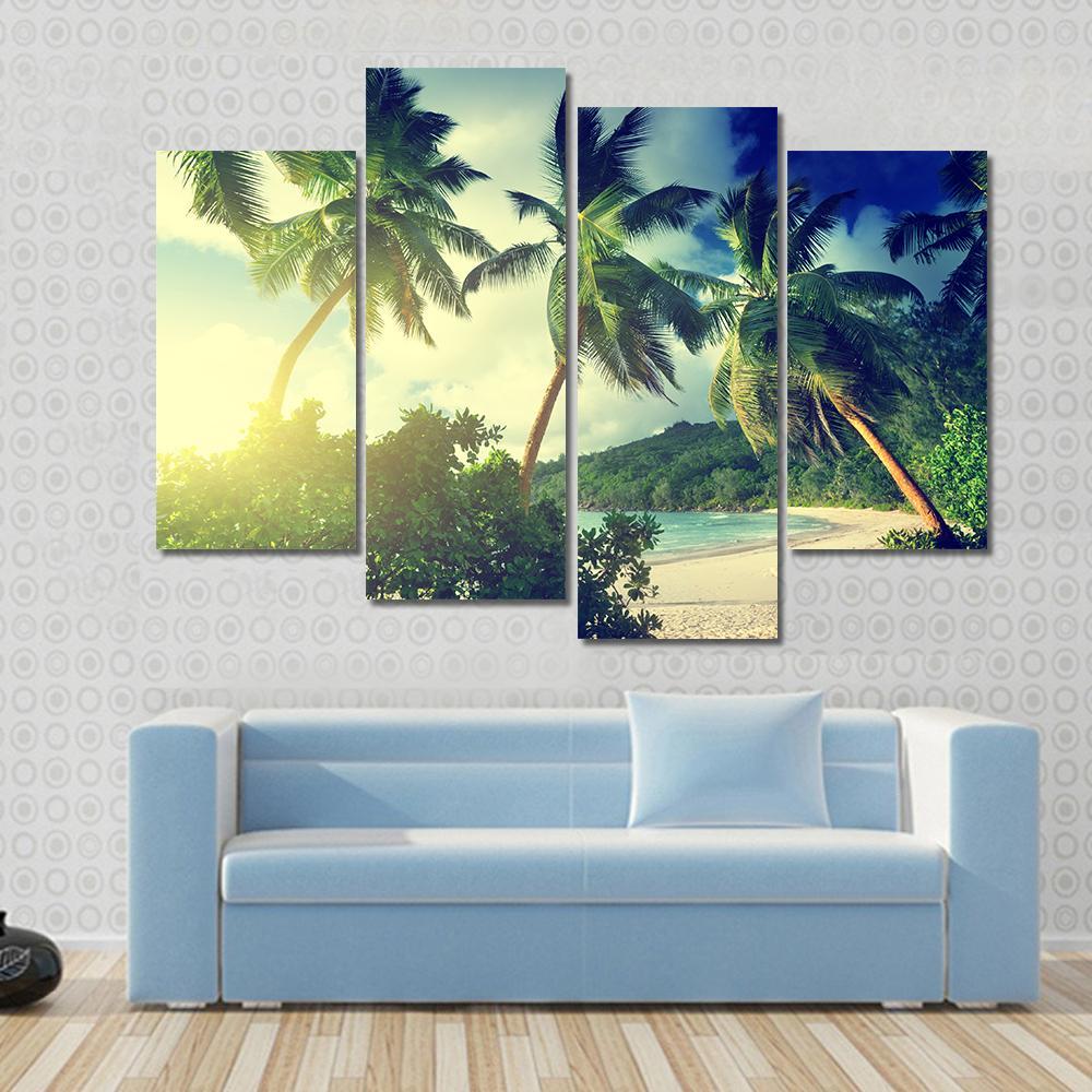 Sunset On The Beach Takamaka Mahe Island Canvas Wall Art-4 Pop-Gallery Wrap-50" x 32"-Tiaracle