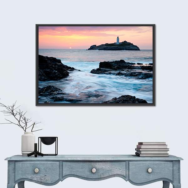 Sunset On The Cliffs At Godrevy Canvas Wall Art-1 Piece-Floating Frame-24" x 16"-Tiaracle