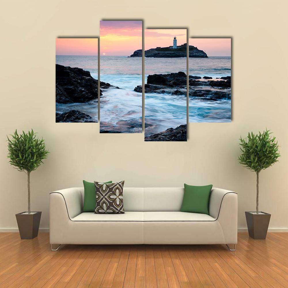 Sunset On The Cliffs At Godrevy Canvas Wall Art-4 Pop-Gallery Wrap-50" x 32"-Tiaracle