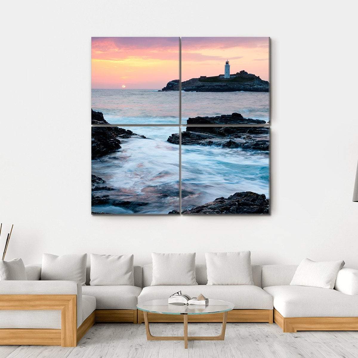 Sunset On The Cliffs At Godrevy Canvas Wall Art-4 Square-Gallery Wrap-17" x 17"-Tiaracle