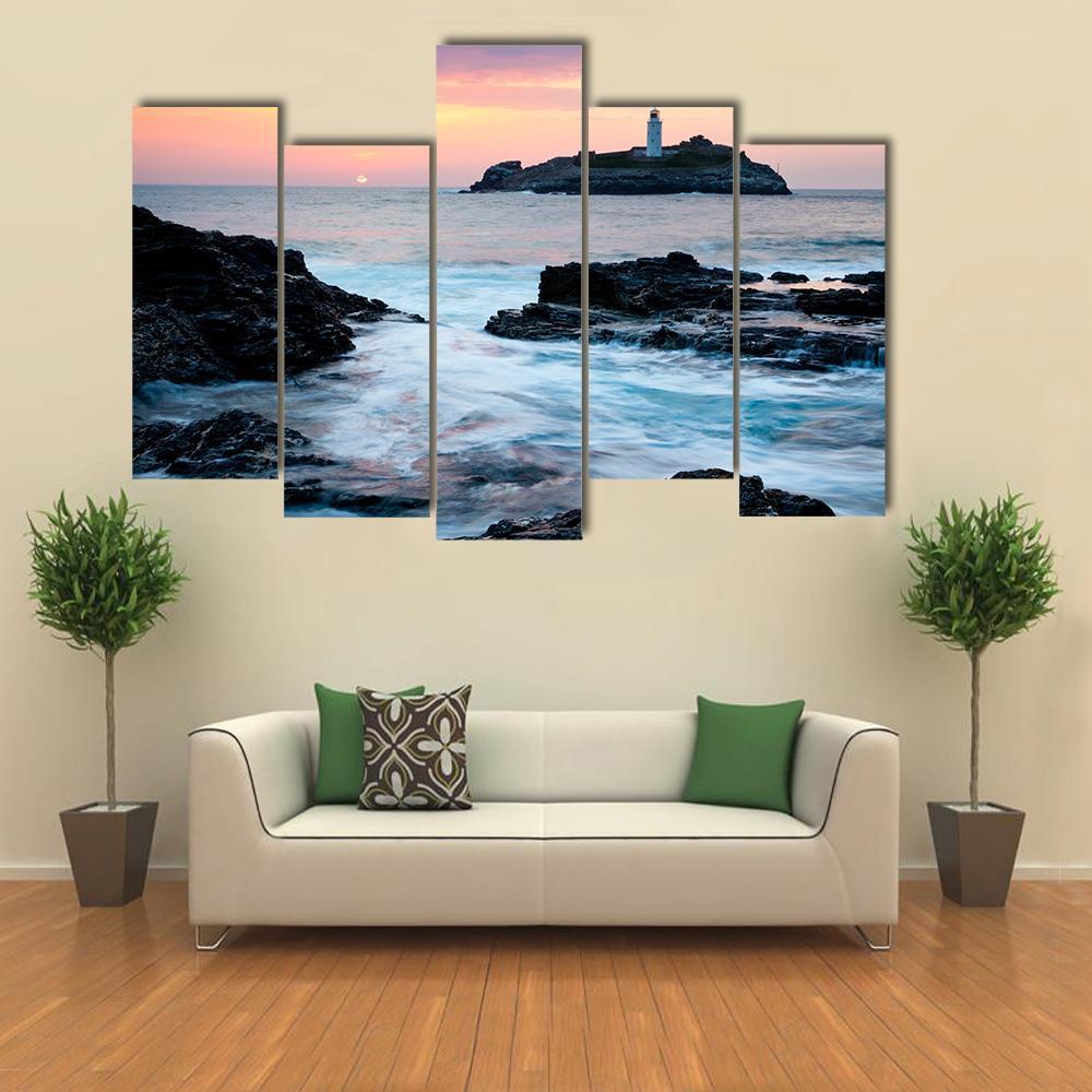 Sunset On The Cliffs At Godrevy Canvas Wall Art-5 Pop-Gallery Wrap-47" x 32"-Tiaracle