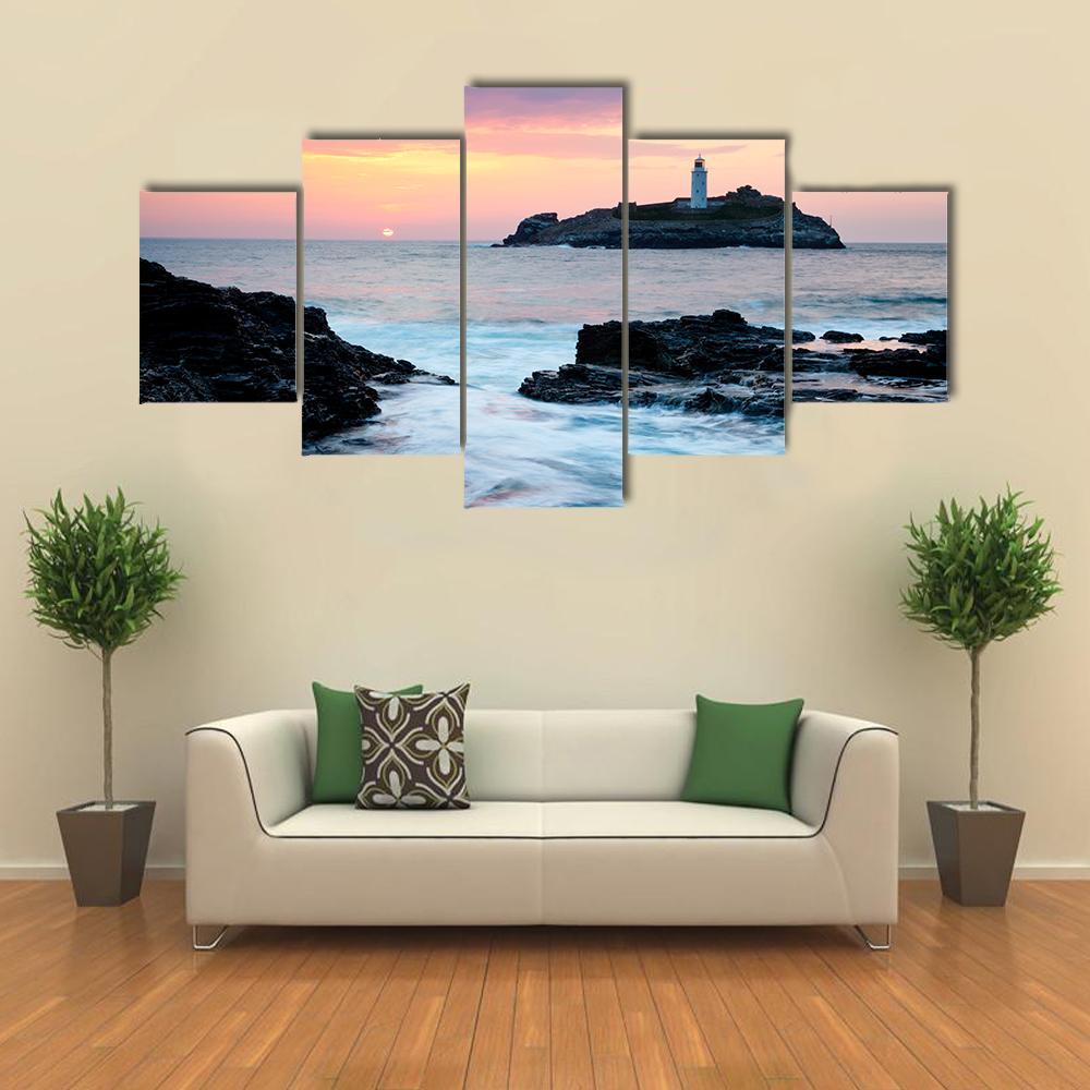 Sunset On The Cliffs At Godrevy Canvas Wall Art-5 Star-Gallery Wrap-62" x 32"-Tiaracle