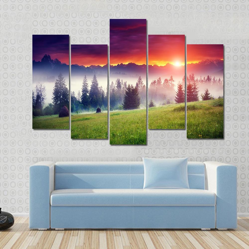 Sunset On The Hilly Place Canvas Wall Art-5 Pop-Gallery Wrap-47" x 32"-Tiaracle