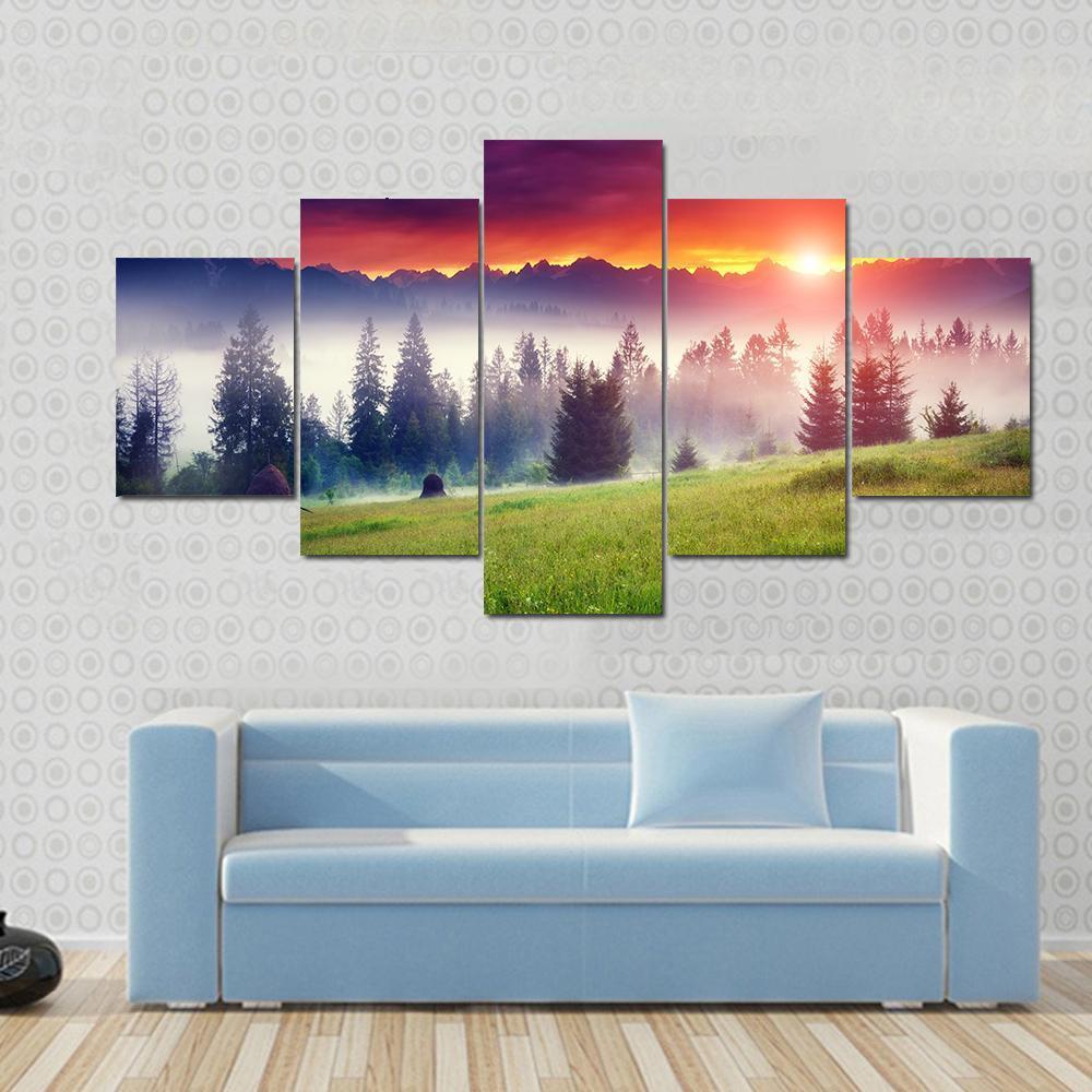 Sunset On The Hilly Place Canvas Wall Art-5 Star-Gallery Wrap-62&quot; x 32&quot;-Tiaracle