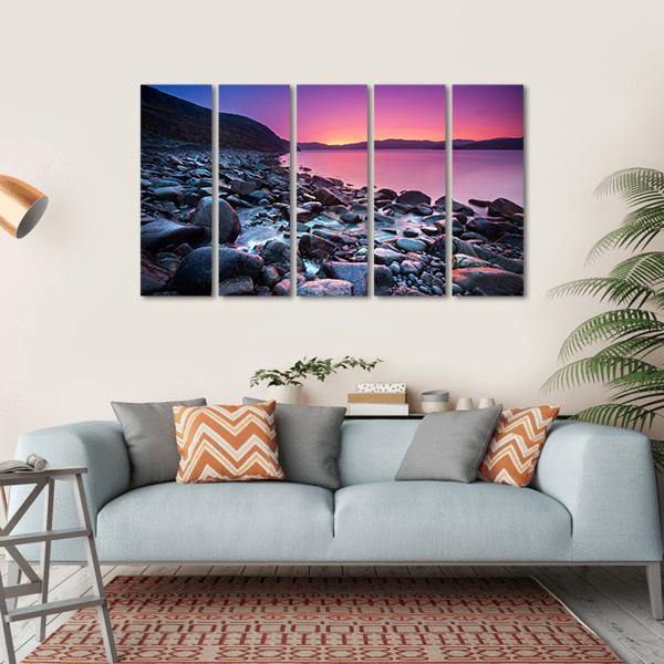 Sunset On The Stone Coast Canvas Wall Art-5 Horizontal-Gallery Wrap-22" x 12"-Tiaracle