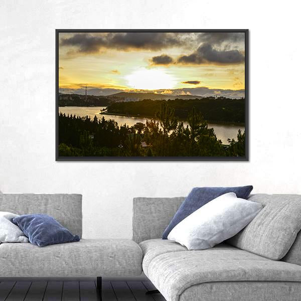 Sunset On The Xuan Huong Lake In Vietnam Panoramic Canvas Wall Art-1 Piece-36" x 12"-Tiaracle