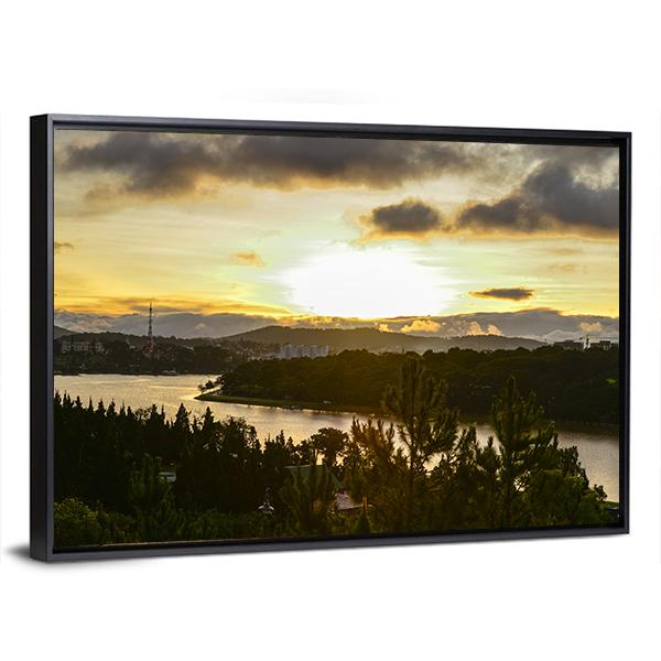 Sunset On The Xuan Huong Lake In Vietnam Panoramic Canvas Wall Art-1 Piece-36" x 12"-Tiaracle