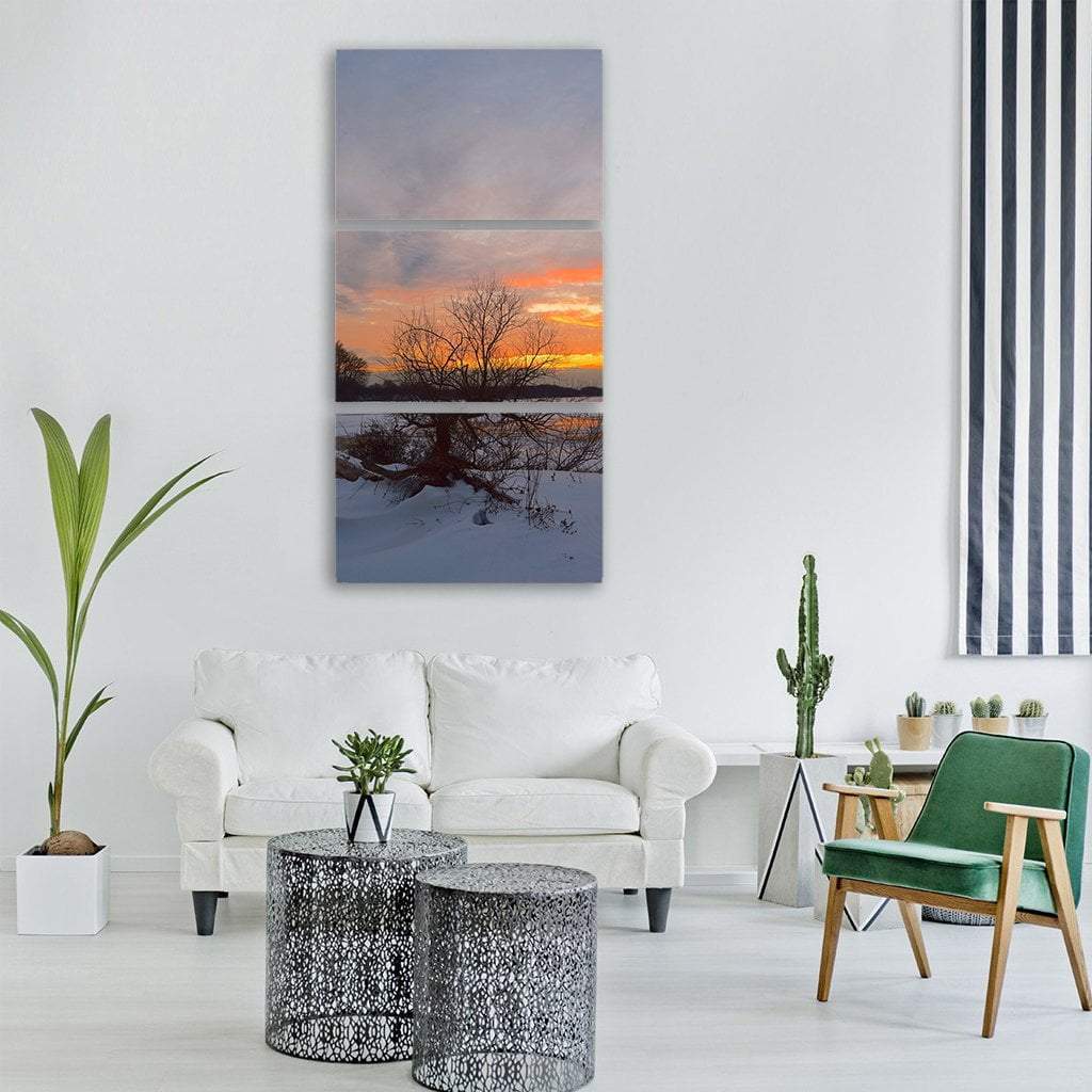Sunset On Winter Frozen Landscape Vertical Canvas Wall Art-3 Vertical-Gallery Wrap-12" x 25"-Tiaracle
