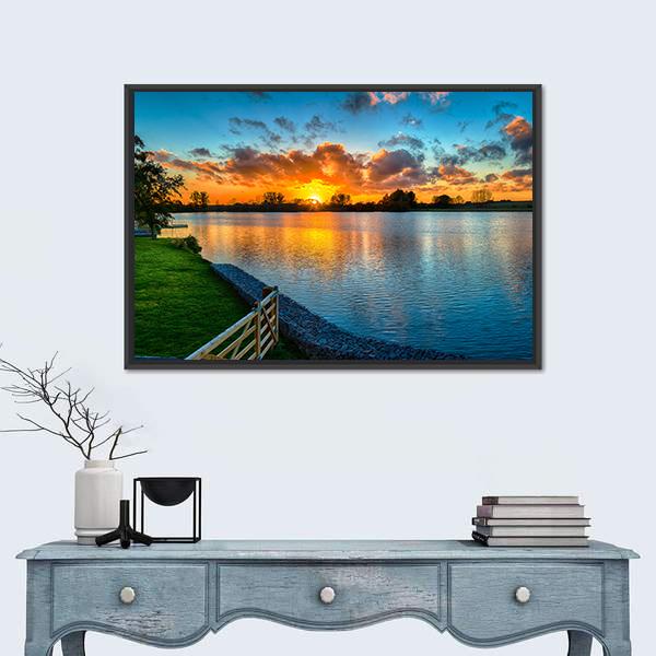 Sunset Over A Lake In Winter Canvas Wall Art-1 Piece-Floating Frame-24" x 16"-Tiaracle