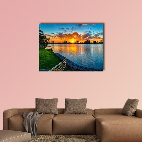Sunset Over A Lake In Winter Canvas Wall Art-1 Piece-Gallery Wrap-48" x 32"-Tiaracle