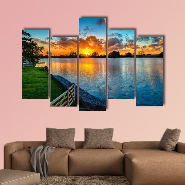 Sunset Over A Lake In Winter Canvas Wall Art-5 Pop-Gallery Wrap-47" x 32"-Tiaracle