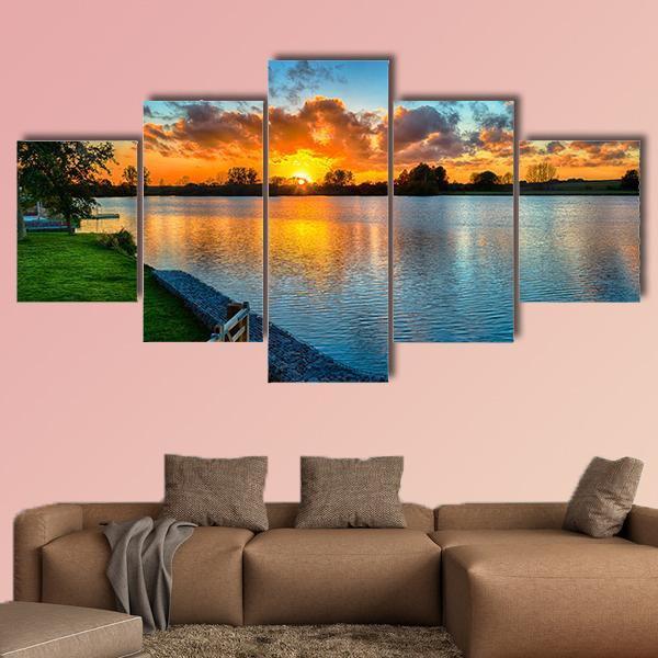 Sunset Over A Lake In Winter Canvas Wall Art-5 Star-Gallery Wrap-62" x 32"-Tiaracle