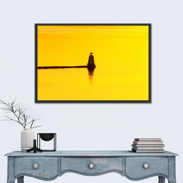 Sunset Over A Lighthouse On Lake Champlain Canvas Wall Art-1 Piece-Floating Frame-24" x 16"-Tiaracle
